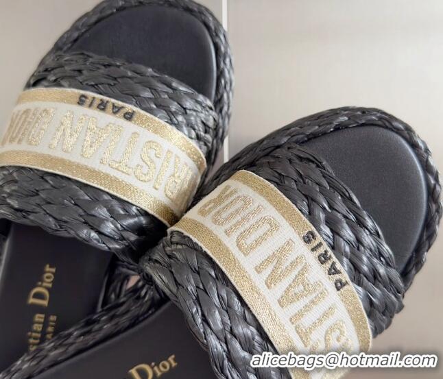 Luxury Cheap Dior Dway Platform Slides Sandals in Raffia and Embroidered Cotton Black/Gold 620015