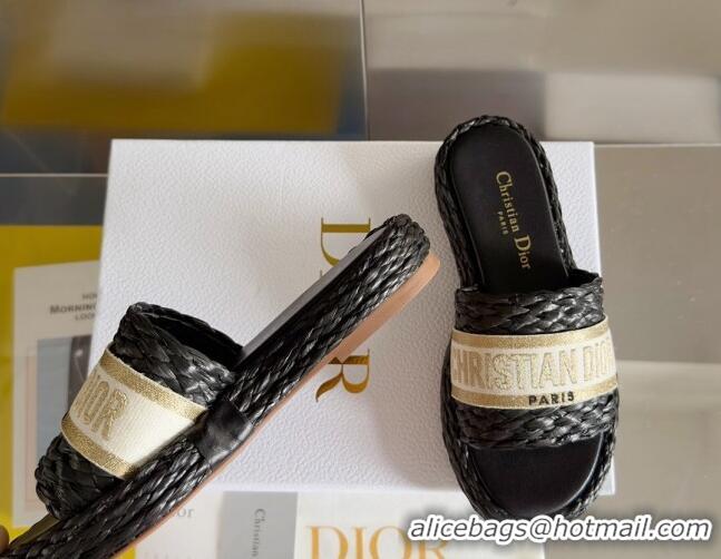 Luxury Cheap Dior Dway Platform Slides Sandals in Raffia and Embroidered Cotton Black/Gold 620015