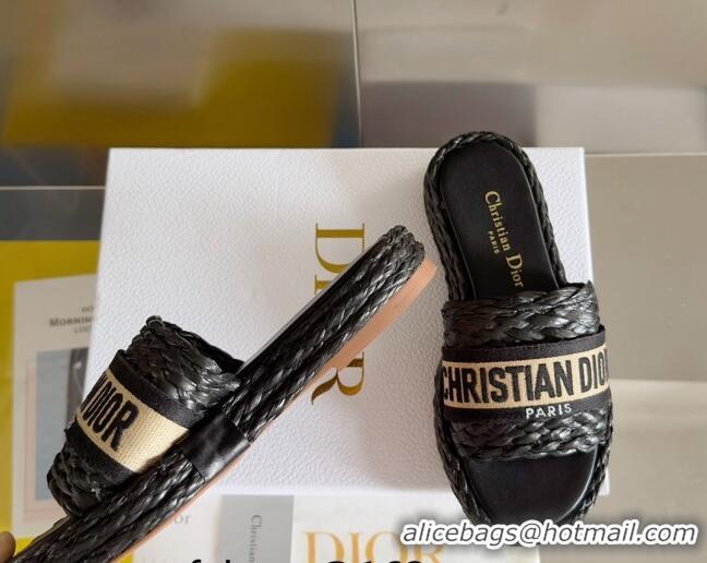 Low Price Dior Dway Platform Slides Sandals in Raffia and Embroidered Cotton Black/Beige 620016