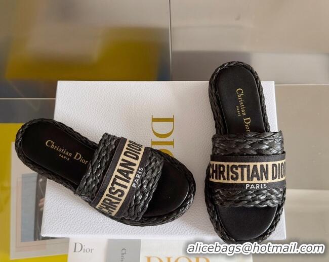 Low Price Dior Dway Platform Slides Sandals in Raffia and Embroidered Cotton Black/Beige 620016