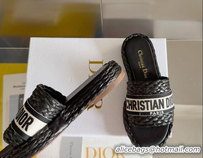 Luxurious Dior Dway Platform Slides Sandals in Raffia and Embroidered Cotton Black/White 620017