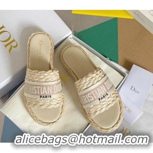 Good Quality Dior Dway Platform Slides Sandals in Raffia and Embroidered Cotton Beige/Pink 620018