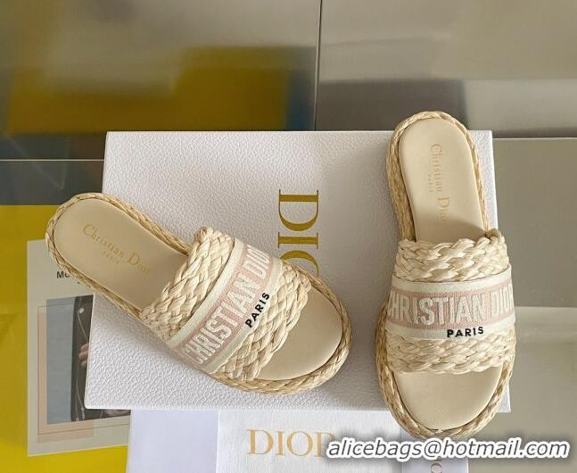 Good Quality Dior Dway Platform Slides Sandals in Raffia and Embroidered Cotton Beige/Pink 620018