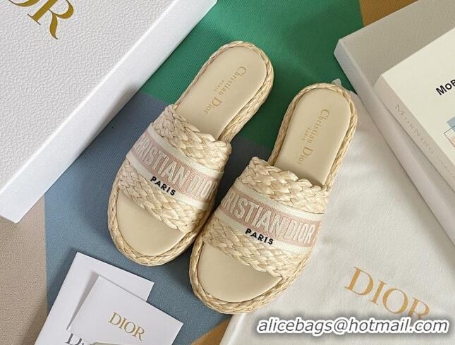 Good Quality Dior Dway Platform Slides Sandals in Raffia and Embroidered Cotton Beige/Pink 620018