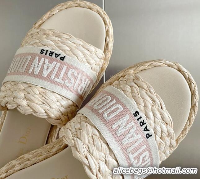 Good Quality Dior Dway Platform Slides Sandals in Raffia and Embroidered Cotton Beige/Pink 620018