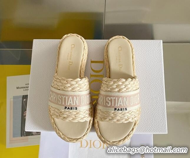 Good Quality Dior Dway Platform Slides Sandals in Raffia and Embroidered Cotton Beige/Pink 620018