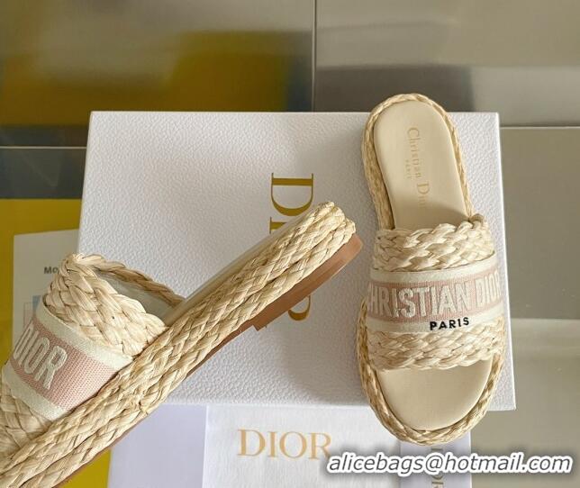 Good Quality Dior Dway Platform Slides Sandals in Raffia and Embroidered Cotton Beige/Pink 620018