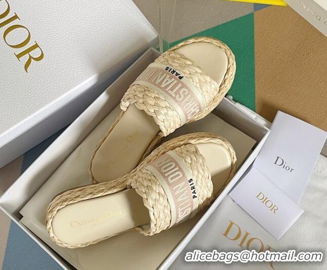 Good Quality Dior Dway Platform Slides Sandals in Raffia and Embroidered Cotton Beige/Pink 620018