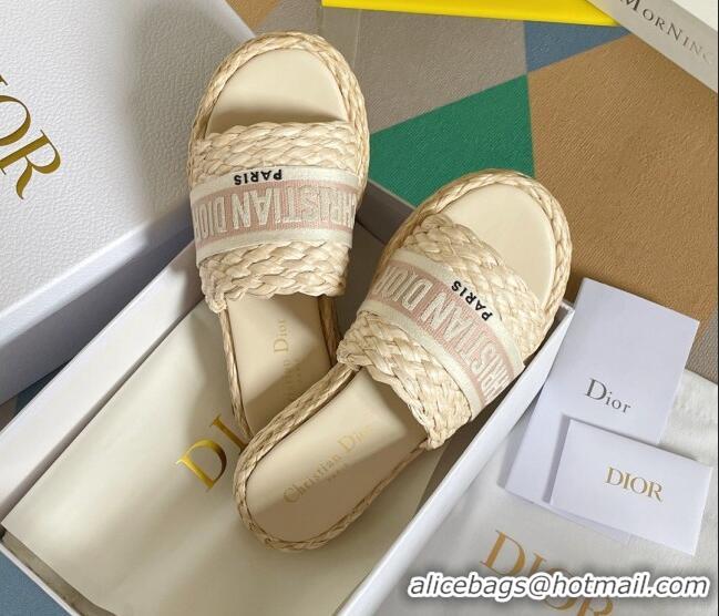 Good Quality Dior Dway Platform Slides Sandals in Raffia and Embroidered Cotton Beige/Pink 620018