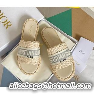 Best Price Dior Dway Platform Slides Sandals in Raffia and Embroidered Cotton Beige/Grey 620019