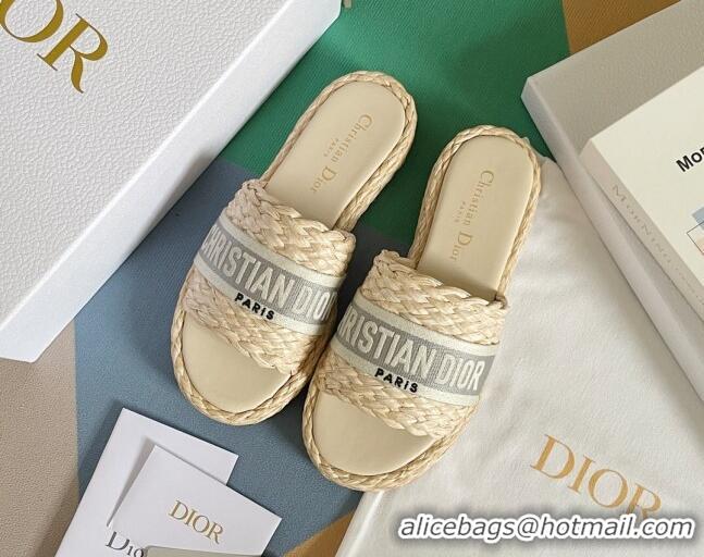 Best Price Dior Dway Platform Slides Sandals in Raffia and Embroidered Cotton Beige/Grey 620019