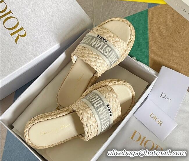 Best Price Dior Dway Platform Slides Sandals in Raffia and Embroidered Cotton Beige/Grey 620019