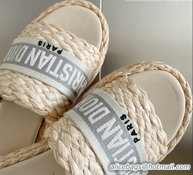 Best Price Dior Dway Platform Slides Sandals in Raffia and Embroidered Cotton Beige/Grey 620019