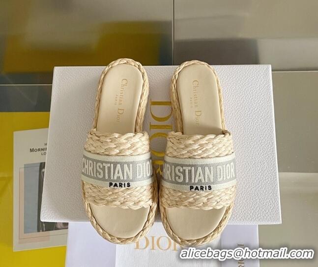 Best Price Dior Dway Platform Slides Sandals in Raffia and Embroidered Cotton Beige/Grey 620019