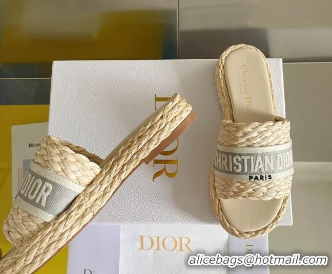 Best Price Dior Dway Platform Slides Sandals in Raffia and Embroidered Cotton Beige/Grey 620019