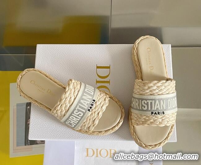 Best Price Dior Dway Platform Slides Sandals in Raffia and Embroidered Cotton Beige/Grey 620019