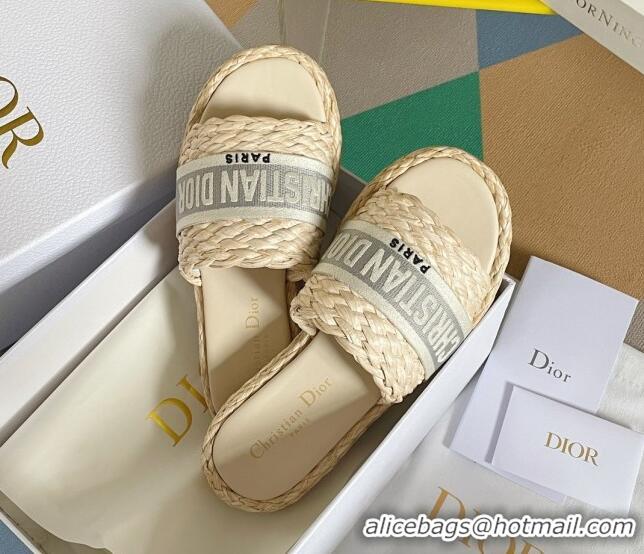 Best Price Dior Dway Platform Slides Sandals in Raffia and Embroidered Cotton Beige/Grey 620019