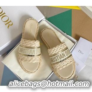 Luxury Discount Dior Dway Platform Slides Sandals in Raffia and Embroidered Cotton Beige/Gold 620020