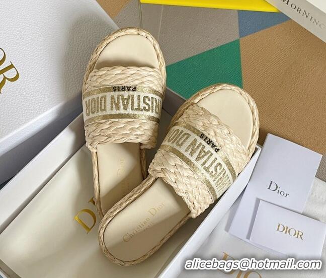 Luxury Discount Dior Dway Platform Slides Sandals in Raffia and Embroidered Cotton Beige/Gold 620020