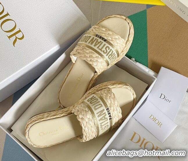 Luxury Discount Dior Dway Platform Slides Sandals in Raffia and Embroidered Cotton Beige/Gold 620020