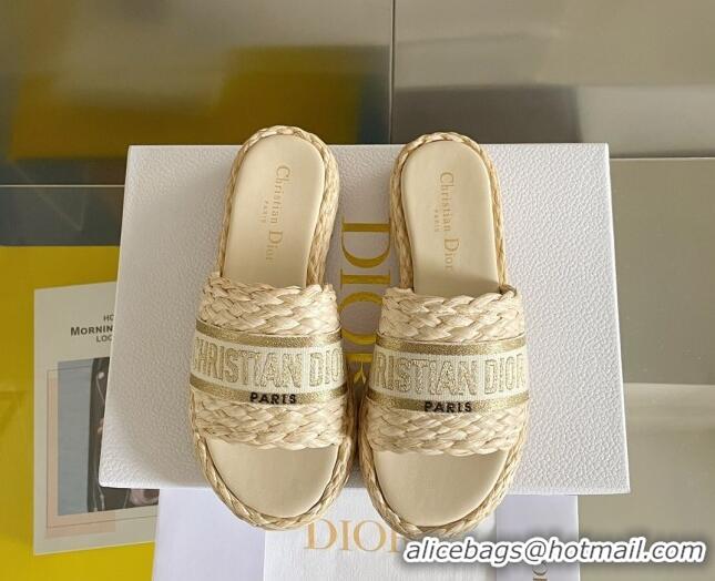 Luxury Discount Dior Dway Platform Slides Sandals in Raffia and Embroidered Cotton Beige/Gold 620020