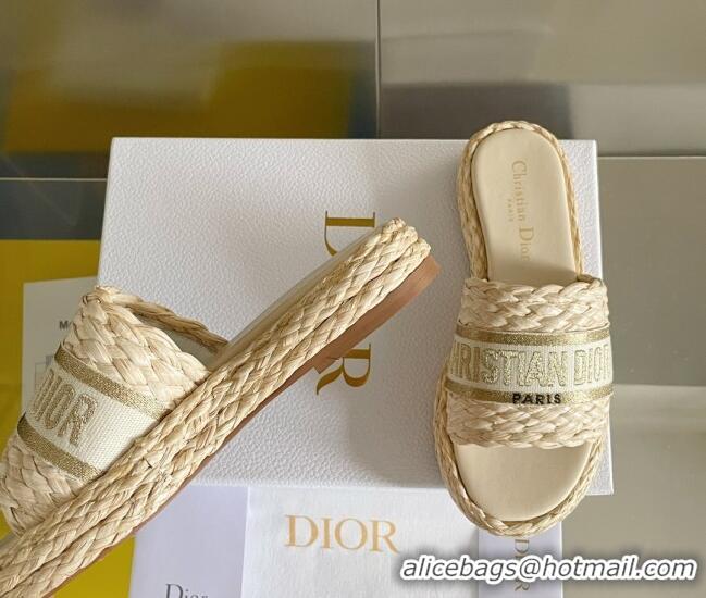 Luxury Discount Dior Dway Platform Slides Sandals in Raffia and Embroidered Cotton Beige/Gold 620020