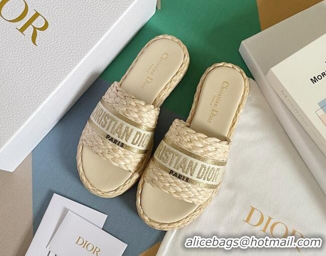 Luxury Discount Dior Dway Platform Slides Sandals in Raffia and Embroidered Cotton Beige/Gold 620020