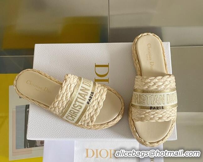 Luxury Discount Dior Dway Platform Slides Sandals in Raffia and Embroidered Cotton Beige/Gold 620020