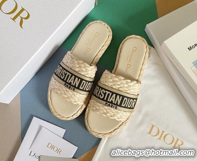 Luxury Dior Dway Platform Slides Sandals in Raffia and Embroidered Cotton Beige/Black 620021