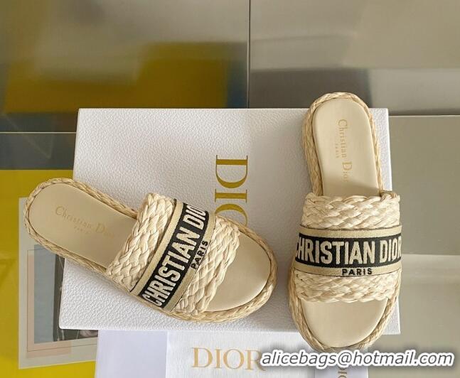 Luxury Dior Dway Platform Slides Sandals in Raffia and Embroidered Cotton Beige/Black 620021