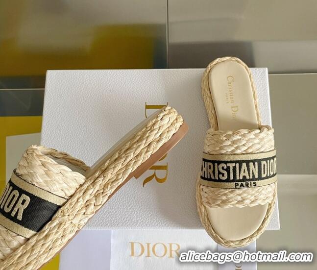 Luxury Dior Dway Platform Slides Sandals in Raffia and Embroidered Cotton Beige/Black 620021