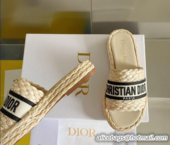 Perfect Dior Dway Platform Slides Sandals in Raffia and Embroidered Cotton Beige/Black/White 620022