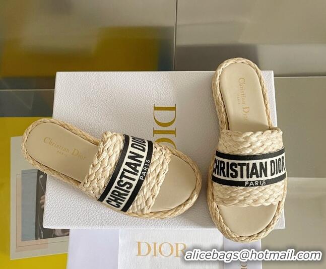 Perfect Dior Dway Platform Slides Sandals in Raffia and Embroidered Cotton Beige/Black/White 620022