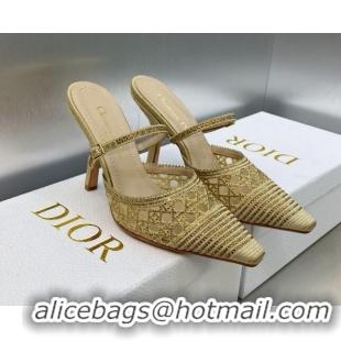 Best Grade Dior Capture Heel Mules 9.5cm in Gold Cannage Embroidered Mesh with Crystals 620023