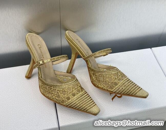 Best Grade Dior Capture Heel Mules 9.5cm in Gold Cannage Embroidered Mesh with Crystals 620023