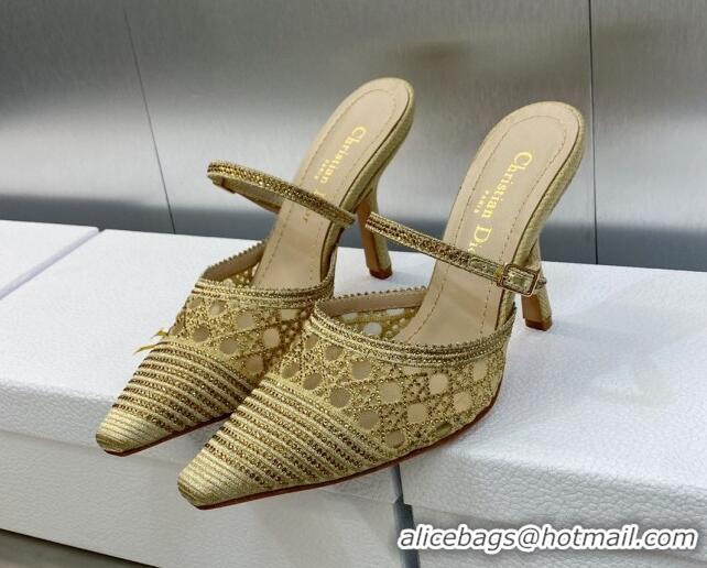 Best Grade Dior Capture Heel Mules 9.5cm in Gold Cannage Embroidered Mesh with Crystals 620023