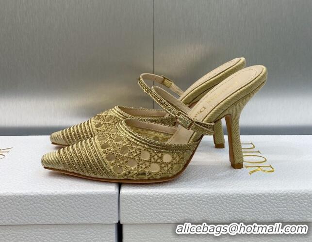 Best Grade Dior Capture Heel Mules 9.5cm in Gold Cannage Embroidered Mesh with Crystals 620023