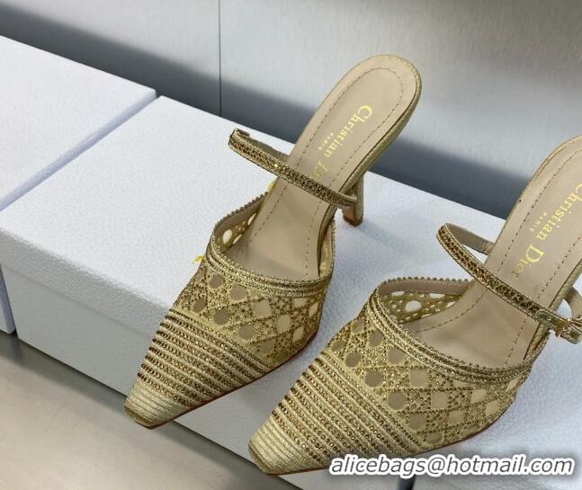 Best Grade Dior Capture Heel Mules 9.5cm in Gold Cannage Embroidered Mesh with Crystals 620023