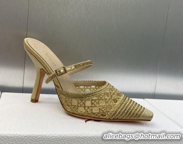 Best Grade Dior Capture Heel Mules 9.5cm in Gold Cannage Embroidered Mesh with Crystals 620023