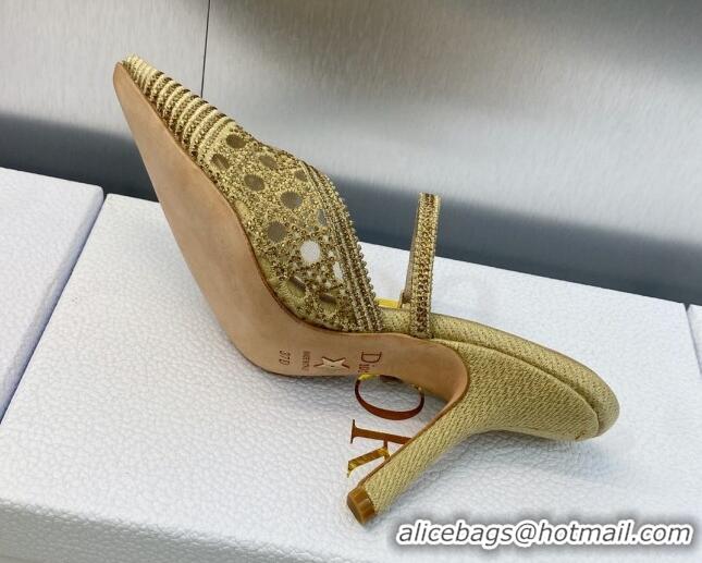 Best Grade Dior Capture Heel Mules 9.5cm in Gold Cannage Embroidered Mesh with Crystals 620023