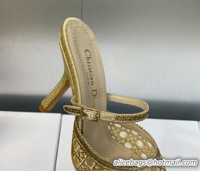 Best Grade Dior Capture Heel Mules 9.5cm in Gold Cannage Embroidered Mesh with Crystals 620023