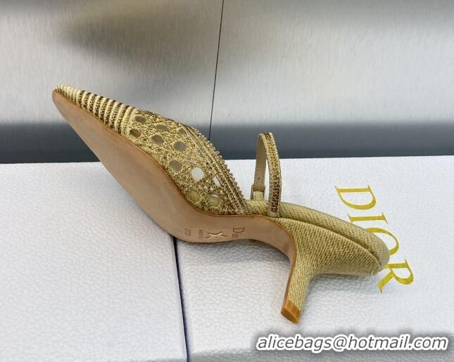 Grade Quality Dior Capture Heel Mules 6.5cm in Gold Cannage Embroidered Mesh with Crystals 620024