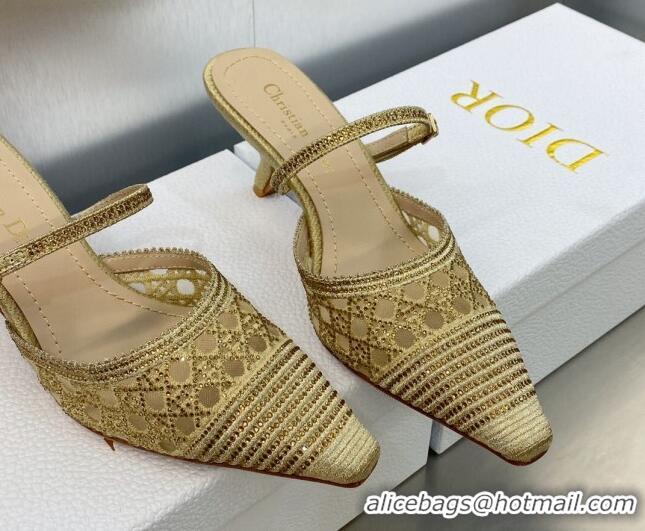 Grade Quality Dior Capture Heel Mules 6.5cm in Gold Cannage Embroidered Mesh with Crystals 620024