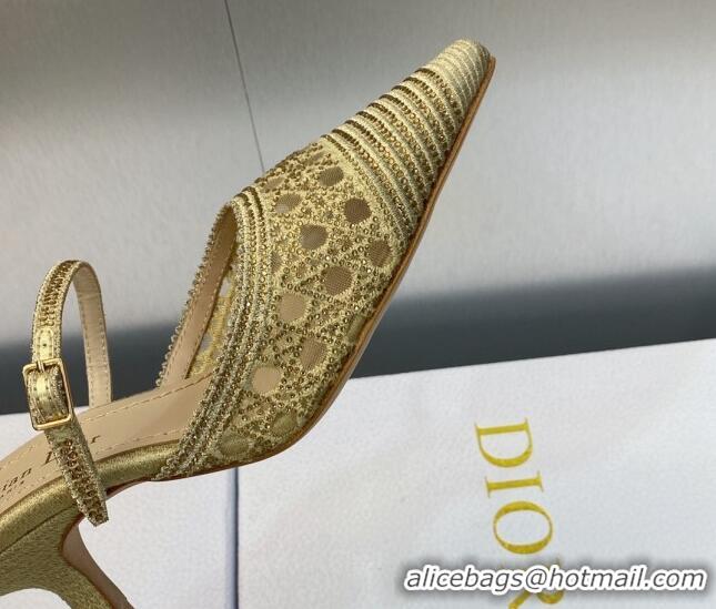 Grade Quality Dior Capture Heel Mules 6.5cm in Gold Cannage Embroidered Mesh with Crystals 620024