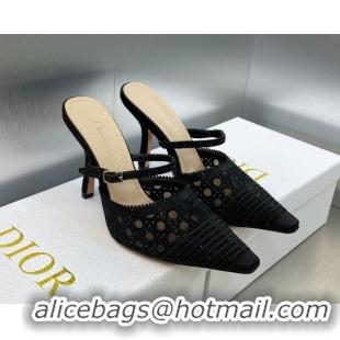 Purchase Dior Capture Heel Mules 9.5cm in Black Cannage Embroidered Mesh with Crystals 620025