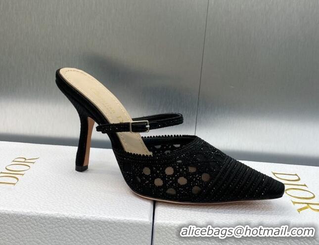 Purchase Dior Capture Heel Mules 9.5cm in Black Cannage Embroidered Mesh with Crystals 620025