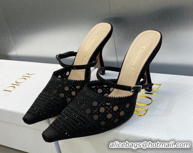 Purchase Dior Capture Heel Mules 9.5cm in Black Cannage Embroidered Mesh with Crystals 620025