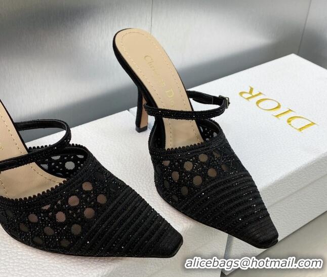 Purchase Dior Capture Heel Mules 9.5cm in Black Cannage Embroidered Mesh with Crystals 620025