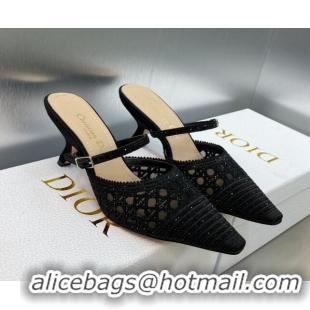 Inexpensive Dior Capture Heel Mules 6.5cm in Black Cannage Embroidered Mesh with Crystals 620026