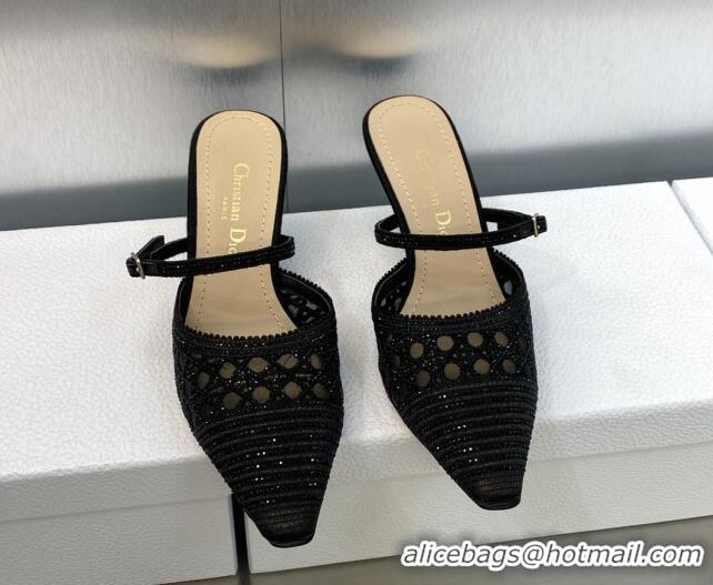 Inexpensive Dior Capture Heel Mules 6.5cm in Black Cannage Embroidered Mesh with Crystals 620026